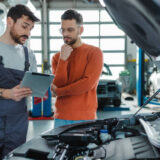 Auto mechanic explaining the problem to the customer while using digital tablet in a repair shop